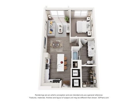 Floor plan for 1 bed, 1 bath, 805 sqft